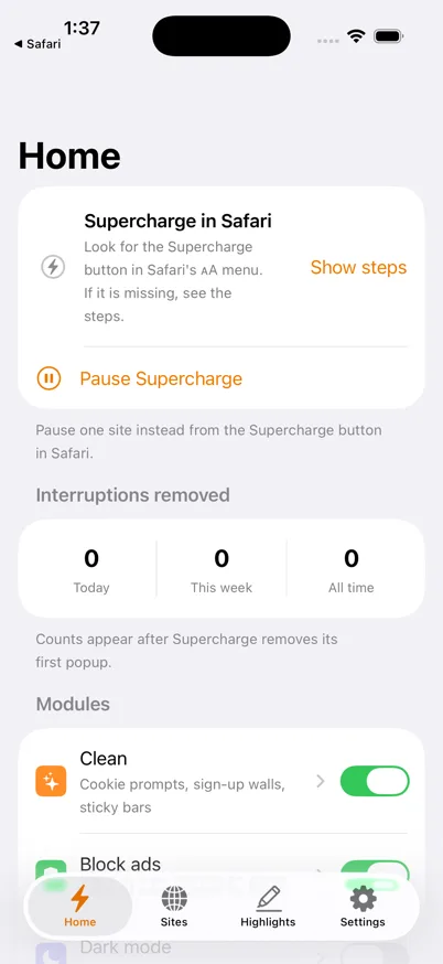 The Supercharge app Home tab with the pause control, the interruption counter and the module list