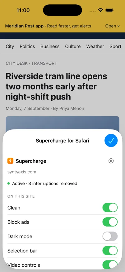 Supercharge popup on an iPhone showing the site status, the module switches and the pause control
