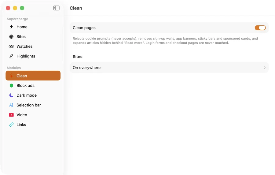The Supercharge app on Mac: the Clean module page with its switch and per-site control, and the sidebar listing every module